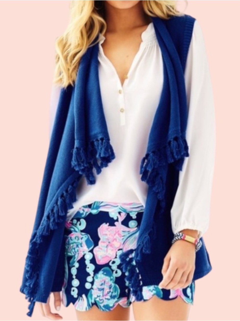 Lilly Pulitzer Abbott Bomber Blue Fringe Cotton Knit Vest L